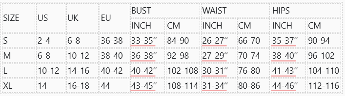 Size chart for Beach Slim Sexy Midi Dress