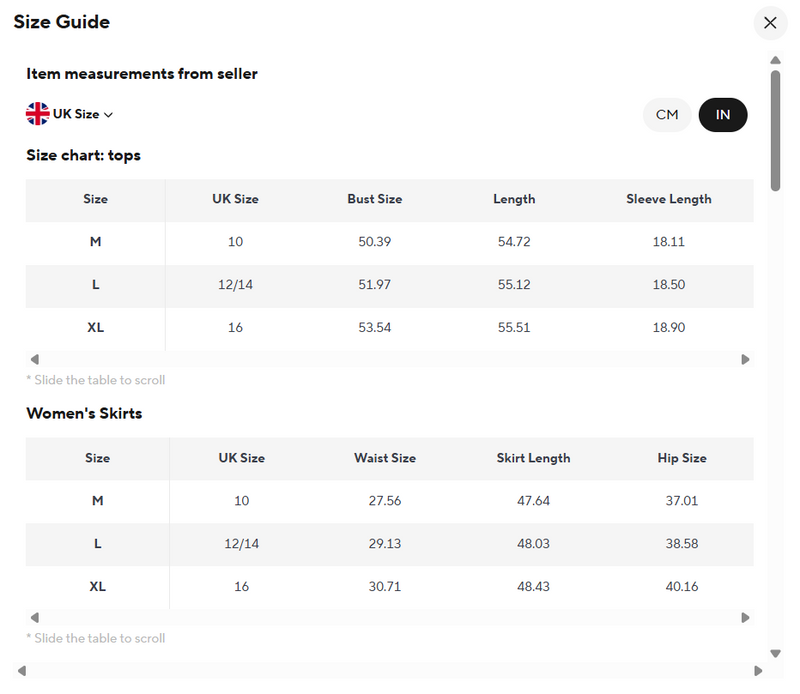 Size chart for Nadine Klein Summer Set.