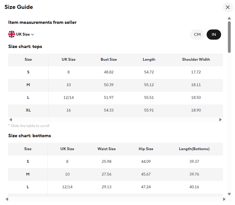 Size chart for Brainna Bardo Essential Set.