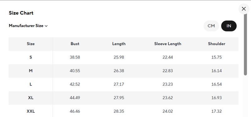 Size chart for Merino Cashmere Cardigan
