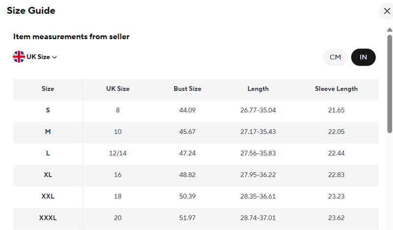 Size chart for Brianna Oversized Button Bloose Dress.