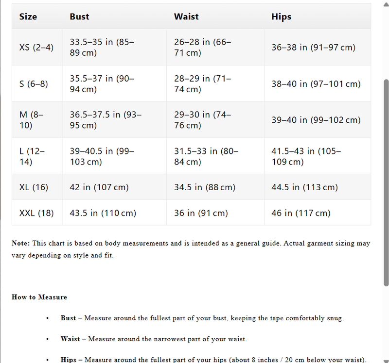 Size chart for AVA – Elegant & Cozy All-Season Ensemble