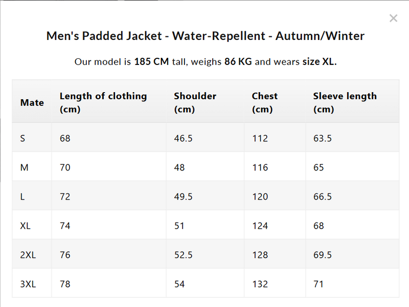 Size chart for Men's Padded Jacket-Water-Repellent- Autumn / Winter