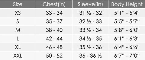 Size chart for 100% Woolen Hooded Coat