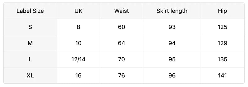 Size chart for Elena Ditsy Floral Skirt