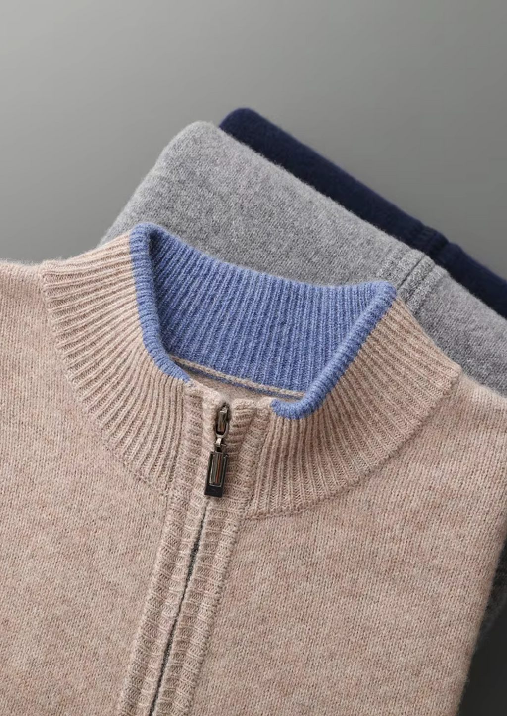 PURE EXTRA-FINE MERINO WOOL TWO-TONE ZIP CARDIGAN