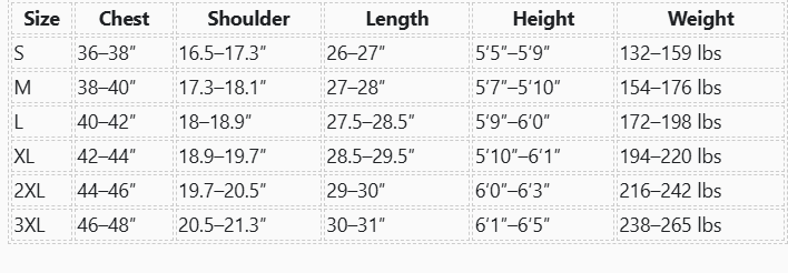 Size chart for Pure wool Form Luxe Set