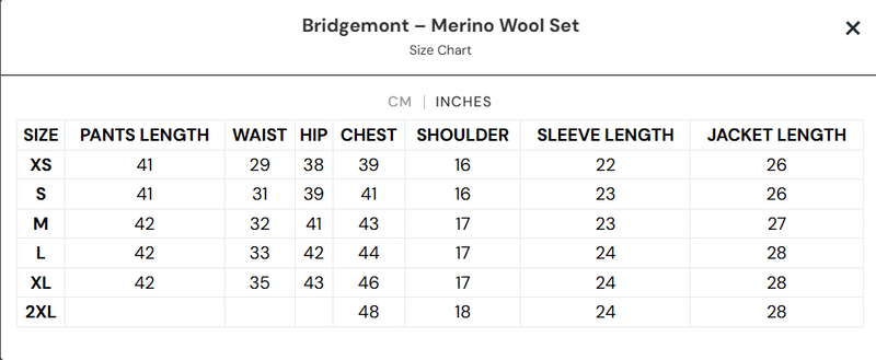 Size chart for BRIDGEMONT – EXTRA MERINO WOOLl SET