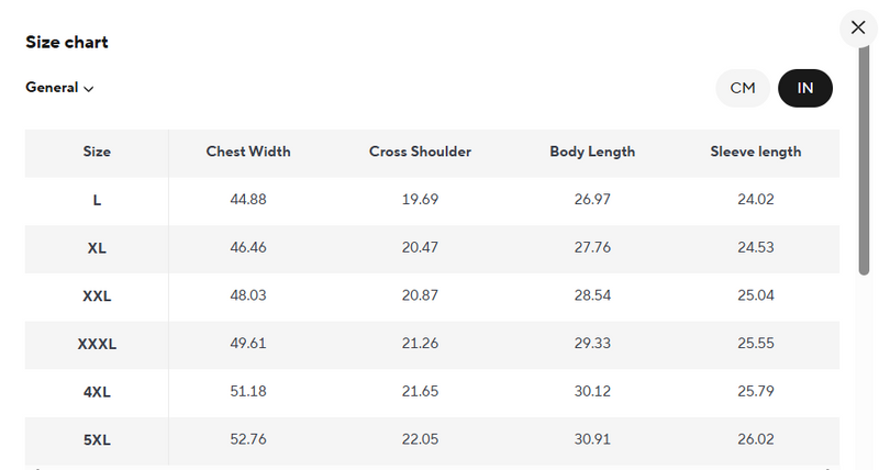 Size chart for Dalton Premium Jacket