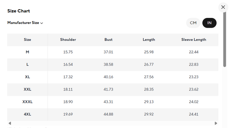 Size chart for Kensington Zip Sweater