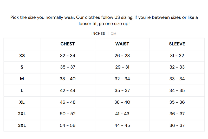 Size chart for Arlen Quilted Vest