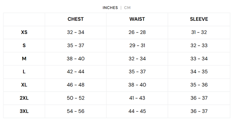 Size chart for THE CAMDEN COTTON JACKET