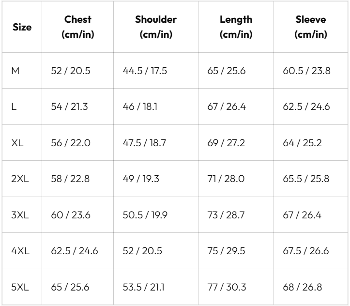 Size chart for Callaway Heritage Bomber Jacket