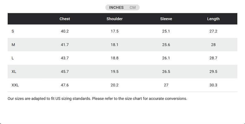 Size chart for AMBERLEY SWEATER QUARTER-ZIP