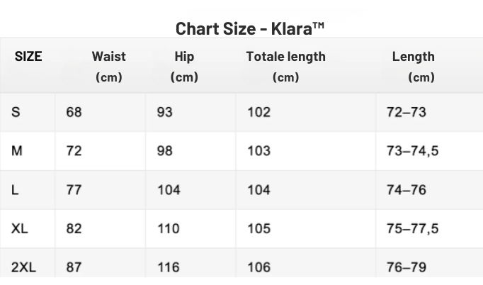 Size chart for KLARA | COMFORT AND STYLE MADE  EASY