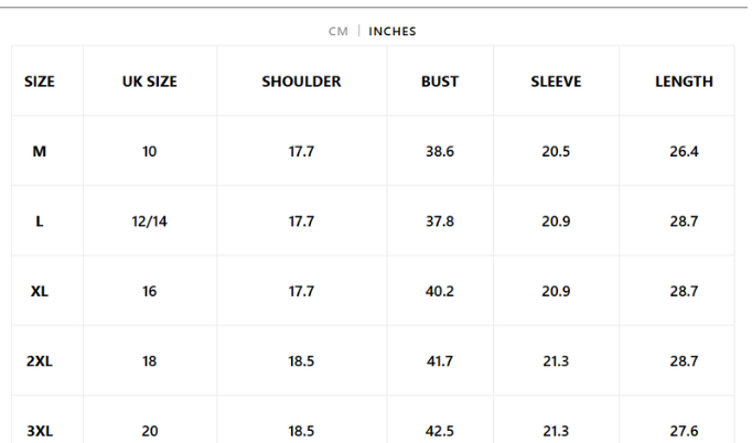Size chart for CAMBRIDGE | WOMEN'S WATERPROOF RAINCOAT