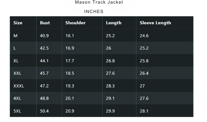 Size chart for Mason Track Jacket