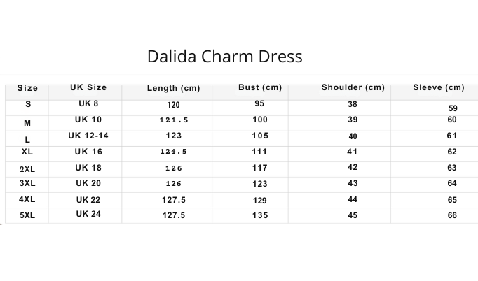 Size chart for DALIDA – THE DAY LIGHT CHARM DRESS