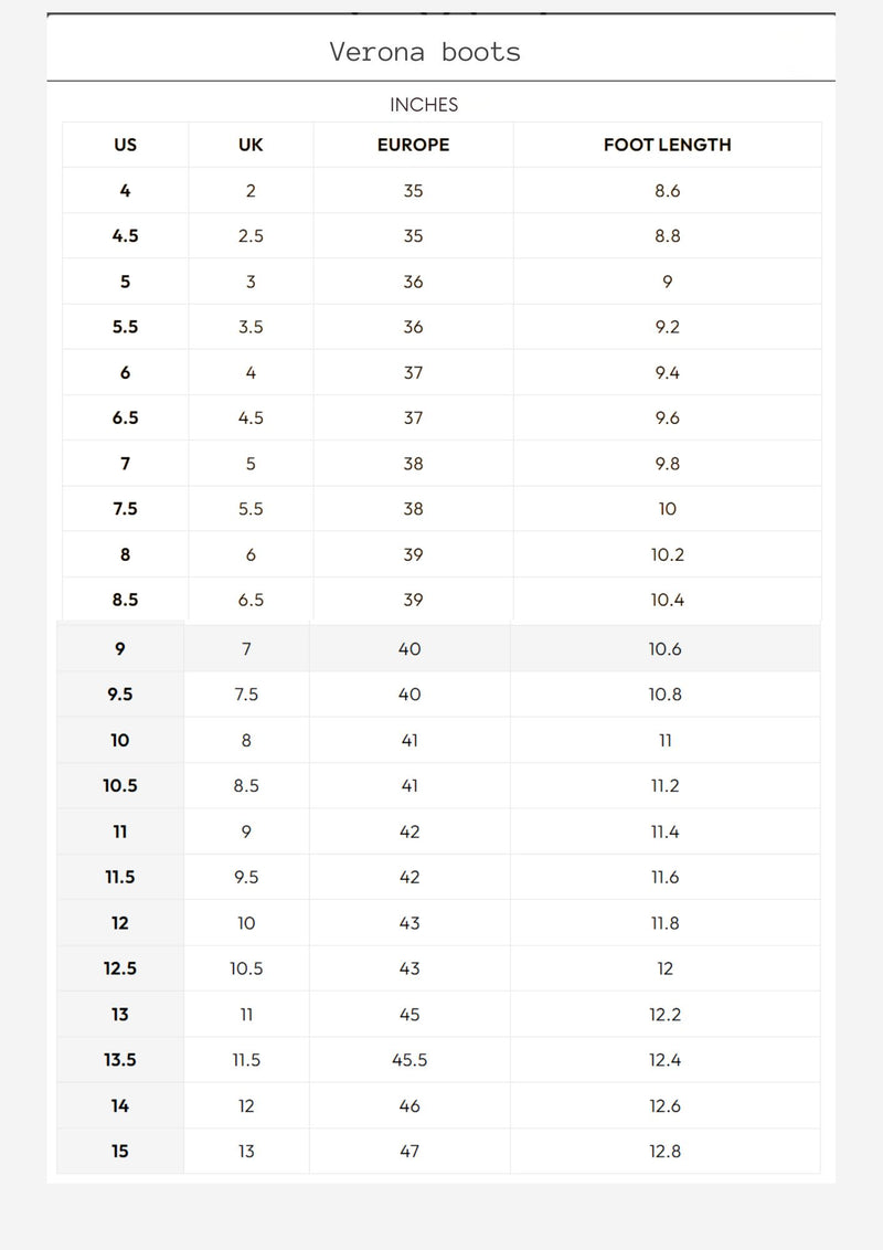 Size chart for VERONA GENUINE SUEDE BOOTS.