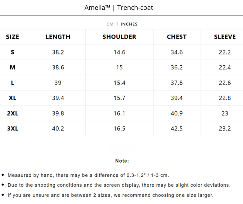Size chart for Amelia™ | Trench-coat