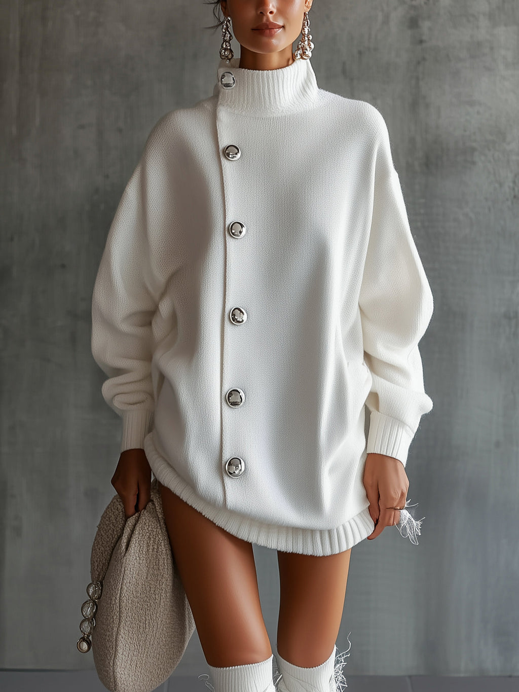 White Oversized Buttoned Turtleneck Sweater Dress