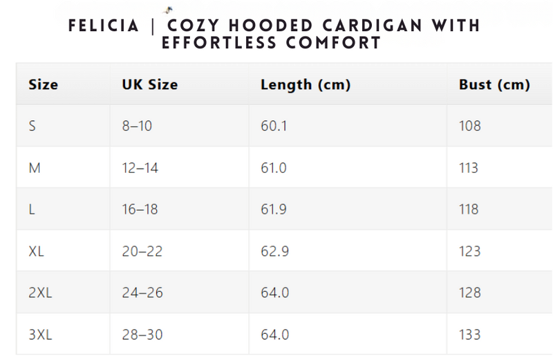 Size chart for FELICIA | COZY HOODED CARDIGAN WITH EFFORTLESS COMFORT